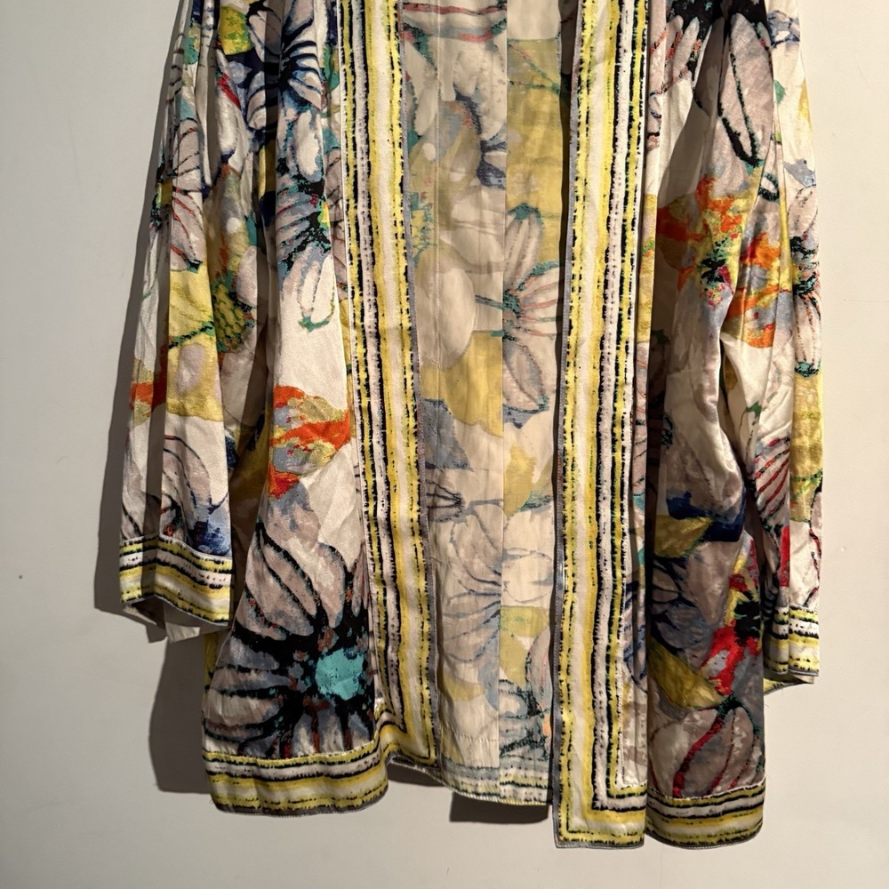 Chicos Size 3 Silk Blend Watercolor Print Floral Kimono Boho Artsy Festival - Picture 3 of 5